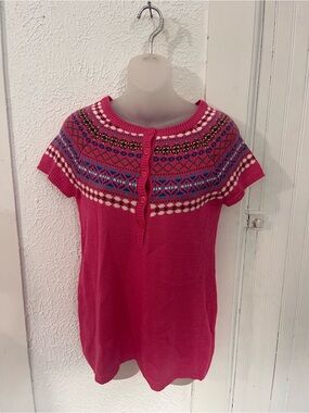 Short-Sleeve Scoop Neck Sweater in Hot Pink with Fair Isle Yoke